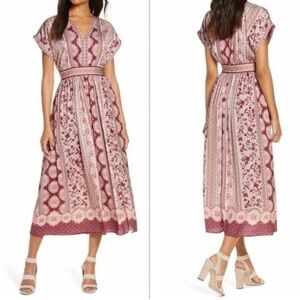 Gal Meets Glam Collection Liza Print Charmeuse Midi Dress 0 Burgundy Tan
